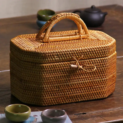 Handwoven rattan storage box kitchen tea caddy with handle