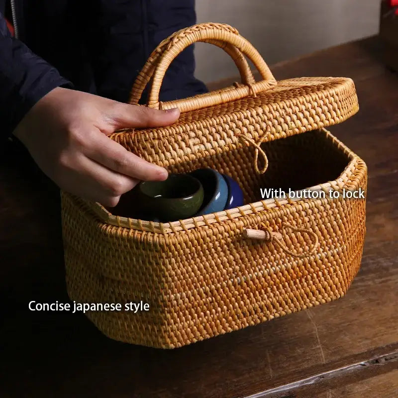 Handwoven rattan storage box kitchen tea caddy with handle