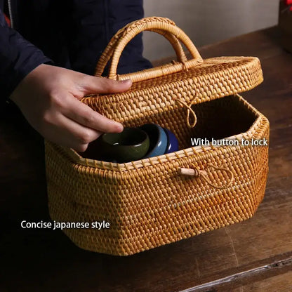 Handwoven rattan storage box kitchen tea caddy with handle
