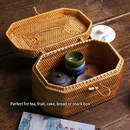 Handwoven rattan storage box kitchen tea caddy with handle