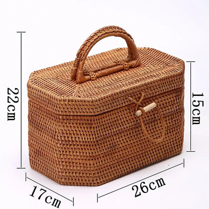 Handwoven rattan storage box kitchen tea caddy with handle