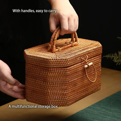 Handwoven rattan storage box kitchen tea caddy with handle