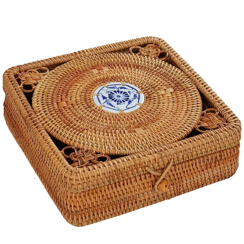 Handwoven rattan storage box with blue ceramic lid for kitchen