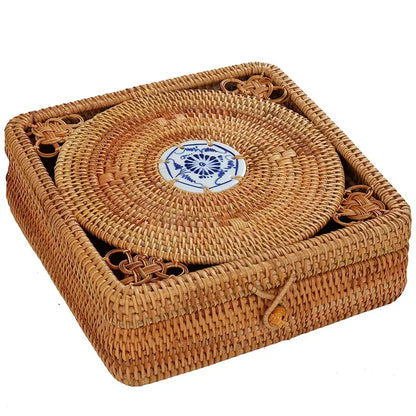 Handwoven rattan storage box with blue ceramic lid for kitchen