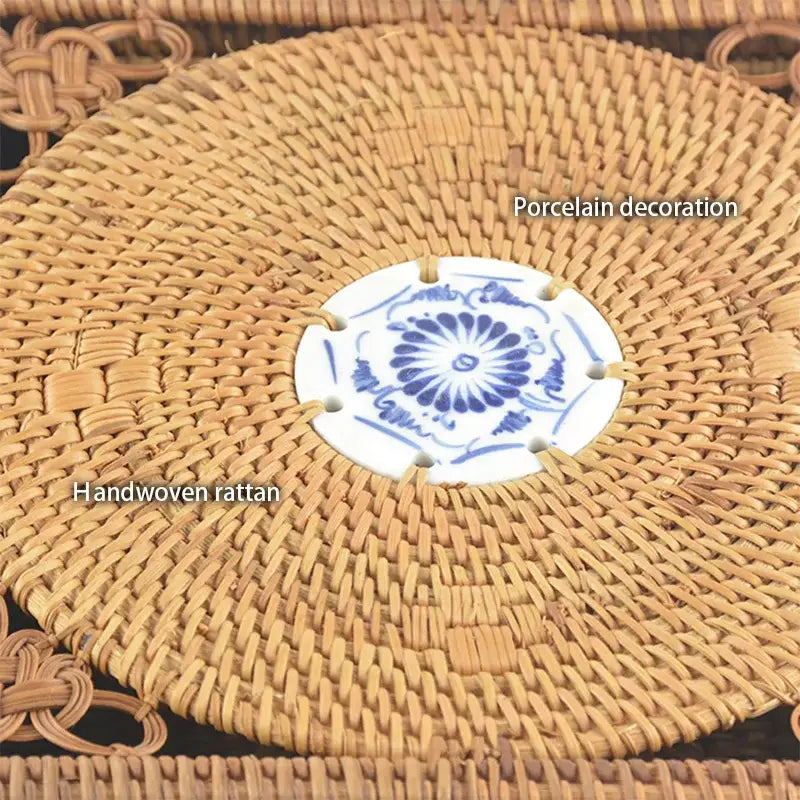 Handwoven rattan storage box with blue ceramic lid for kitchen