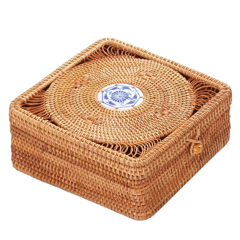 Handwoven rattan storage box with blue ceramic lid for kitchen