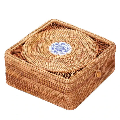 Handwoven rattan storage box with blue ceramic lid for kitchen
