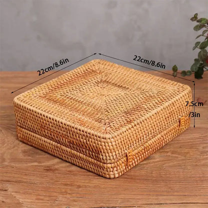 Handwoven rattan storage box with blue ceramic lid for kitchen