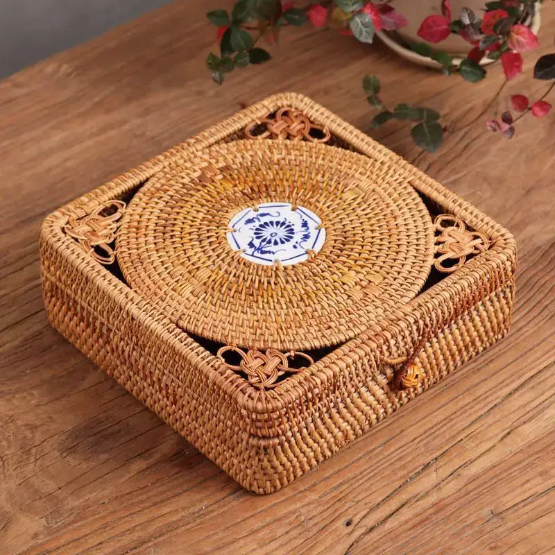 Handwoven rattan storage box with blue ceramic lid for kitchen