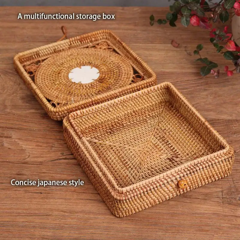 Handwoven rattan storage box with blue ceramic lid for kitchen