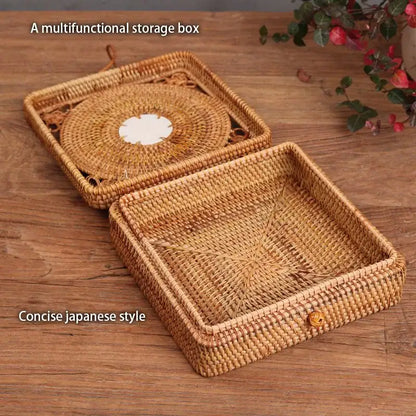 Handwoven rattan storage box with blue ceramic lid for kitchen