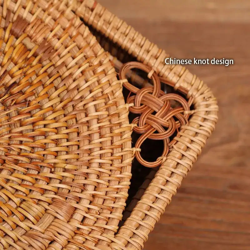 Handwoven rattan storage box with blue ceramic lid for kitchen