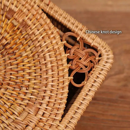 Handwoven rattan storage box with blue ceramic lid for kitchen