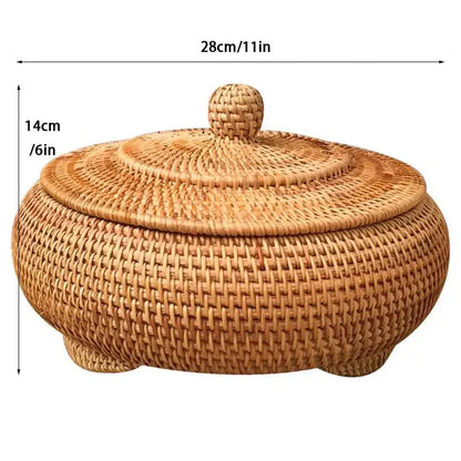 Handwoven rattan storage box with lid kitchen organizer