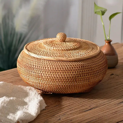 Handwoven rattan storage box with lid kitchen organizer