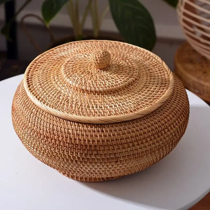 Handwoven rattan storage box with lid kitchen organizer