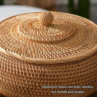 Handwoven rattan storage box with lid kitchen organizer