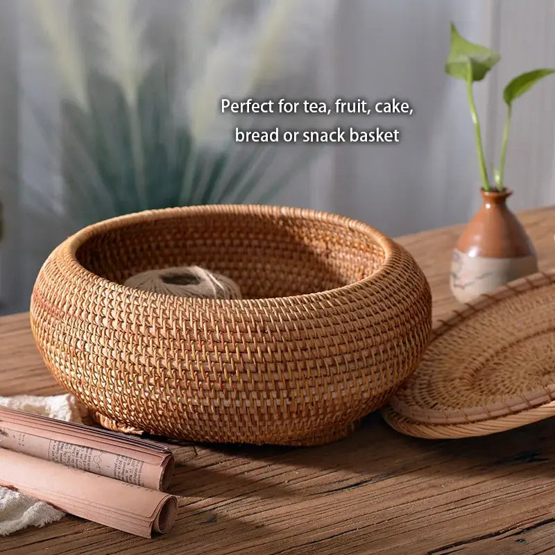 Handwoven rattan storage box with lid kitchen organizer