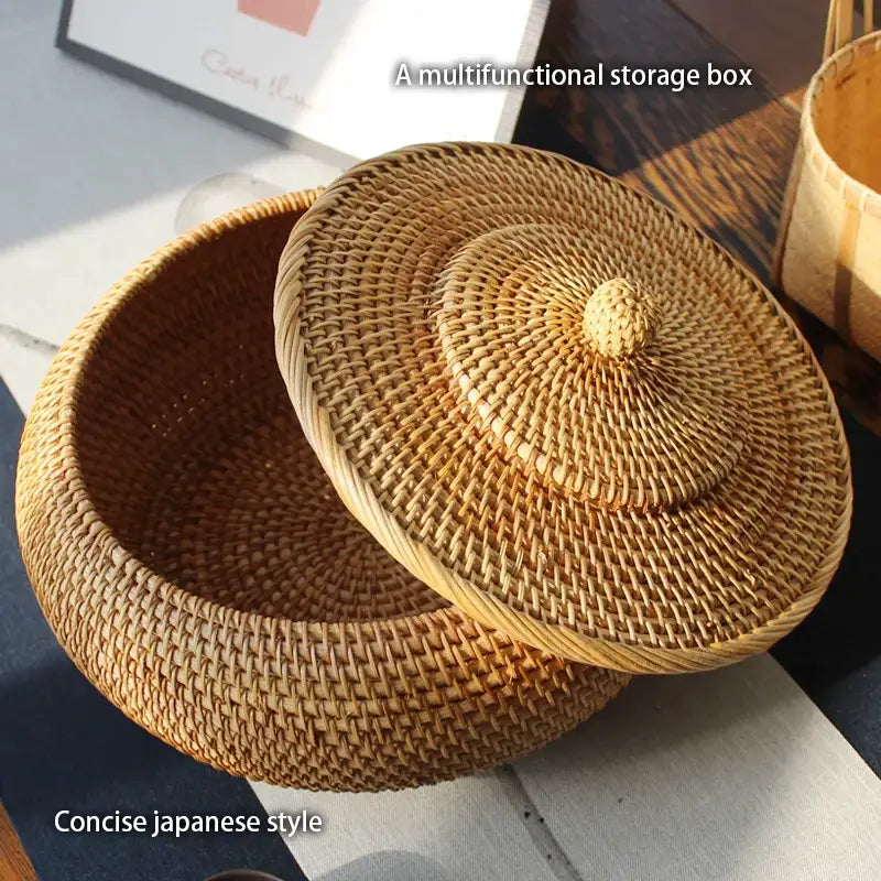 Handwoven rattan storage box with lid kitchen organizer