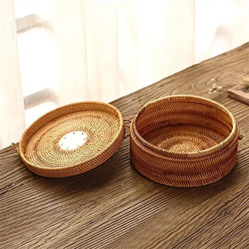 Handwoven rattan storage box with white inset kitchen basket