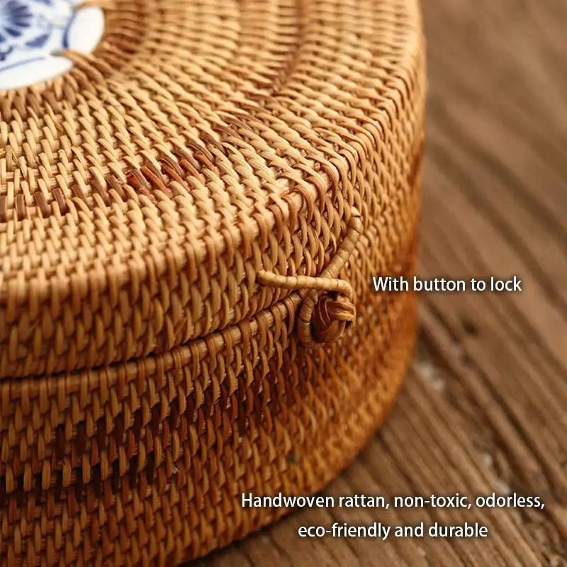 Handwoven rattan storage box with white inset kitchen basket