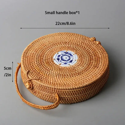 Handwoven rattan storage box with white inset kitchen basket