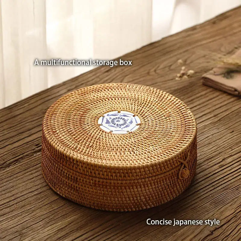 Handwoven rattan storage box with white inset kitchen basket