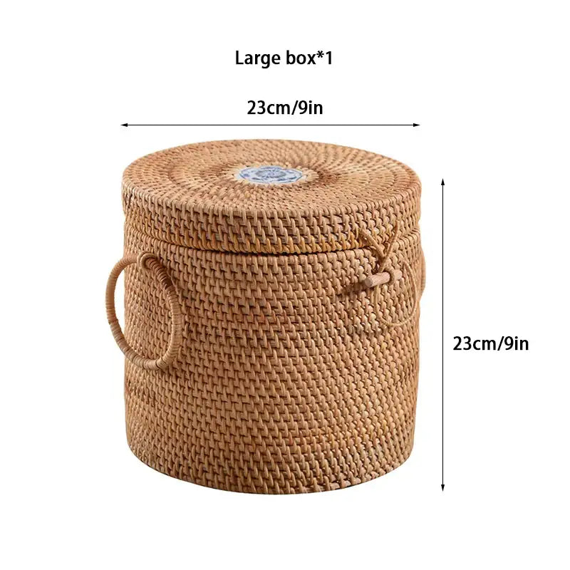 Handwoven rattan storage box with white inset kitchen basket
