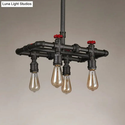 Industrial black pipe hanging ceiling light – dining room red accents