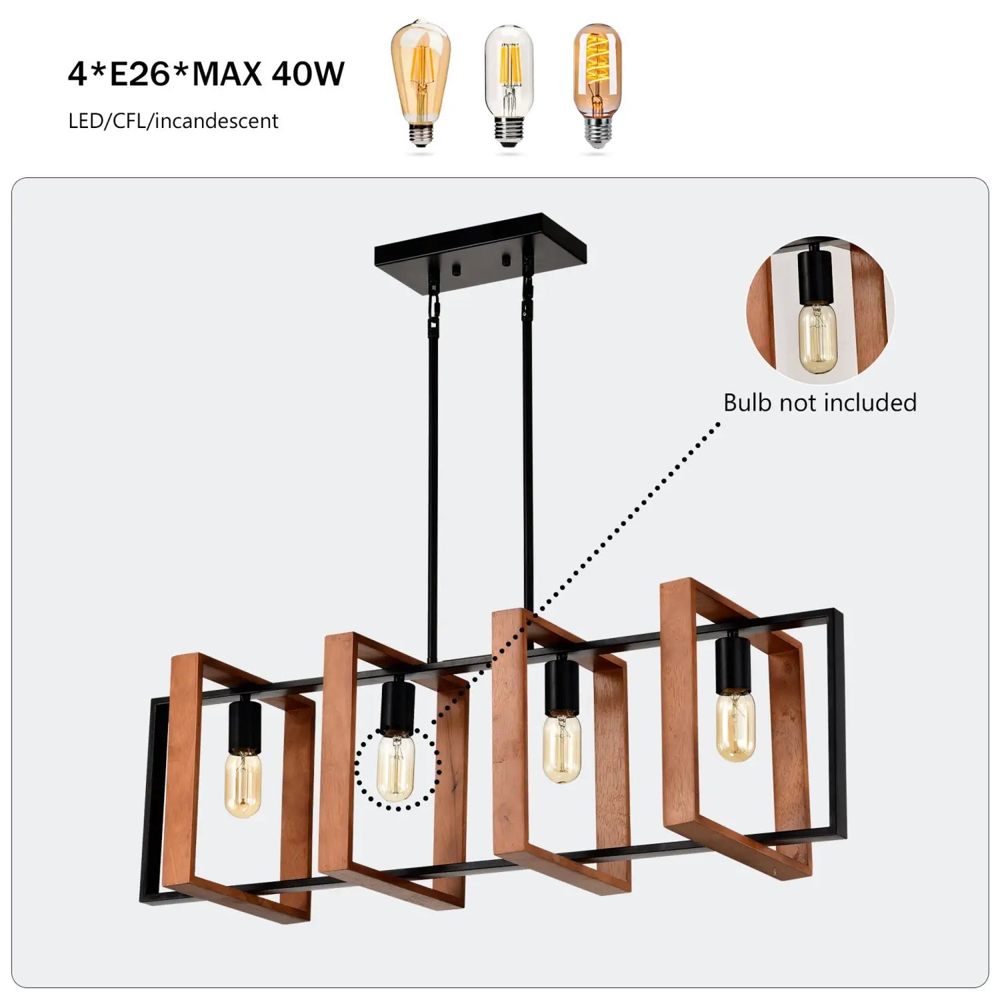 Hanging Lights for Hall with Rustic Wood, 4-Light Fixture & Black Metal Design