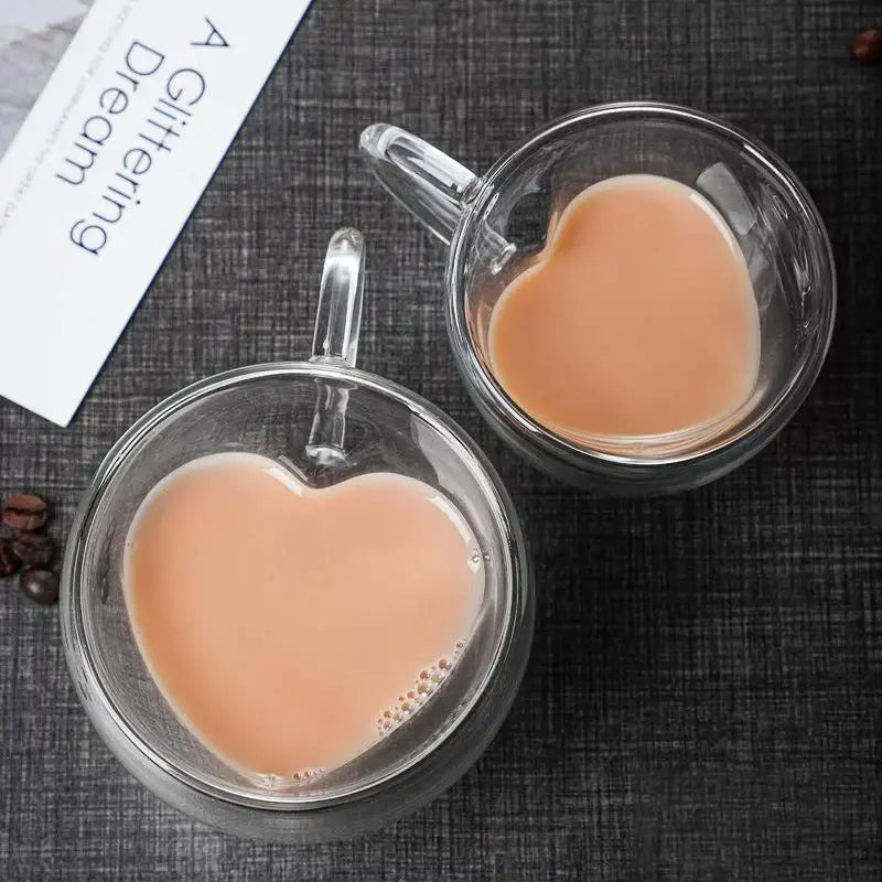 Heart glass mug set – kitchen double wall clear drinkware