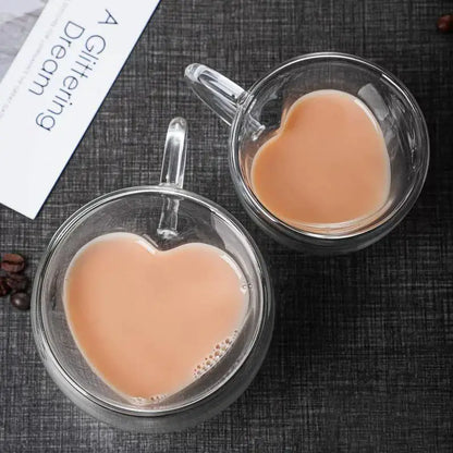 Heart glass mug set – kitchen double wall clear drinkware