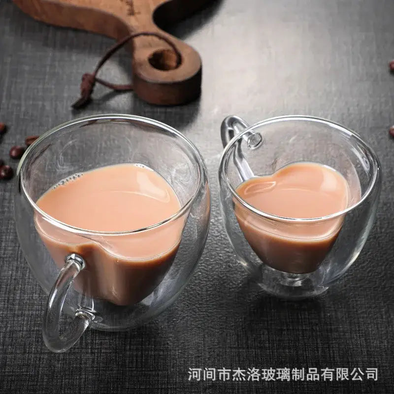 Heart glass mug set – kitchen double wall clear drinkware