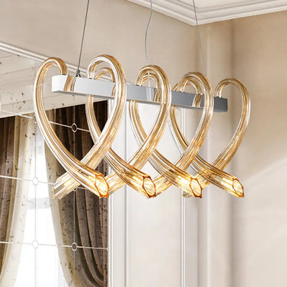 DecorBites™ Heart-Shaped Chrome Island Light: Minimalist 8-Head Amber Glass Pendant for Restaurants