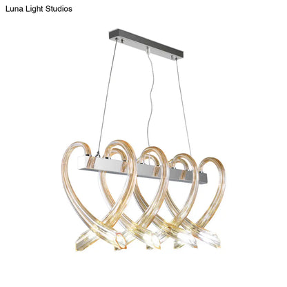 DecorBites™ Heart-Shaped Chrome Island Light: Minimalist 8-Head Amber Glass Pendant for Restaurants