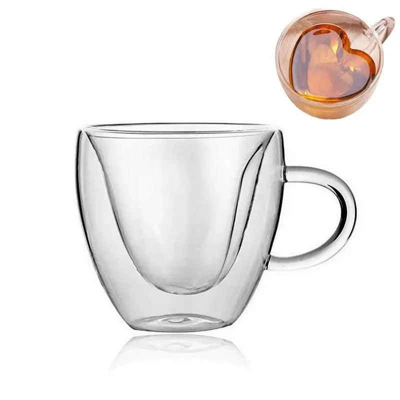 Heart shaped double wall glass mug set kitchen drinkware