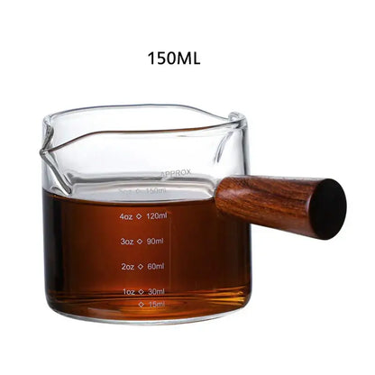 Heat resistant glass espresso milk jug with wood handle kitchen cup