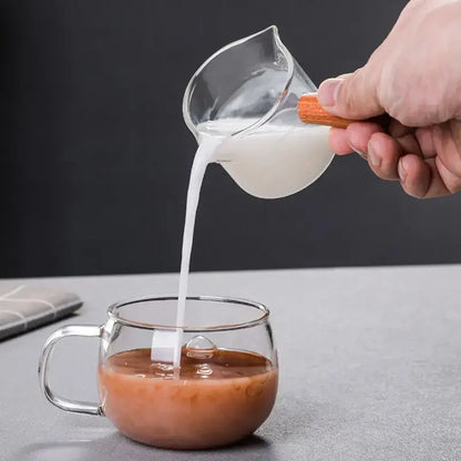 Heat resistant glass espresso milk jug with wood handle kitchen cup