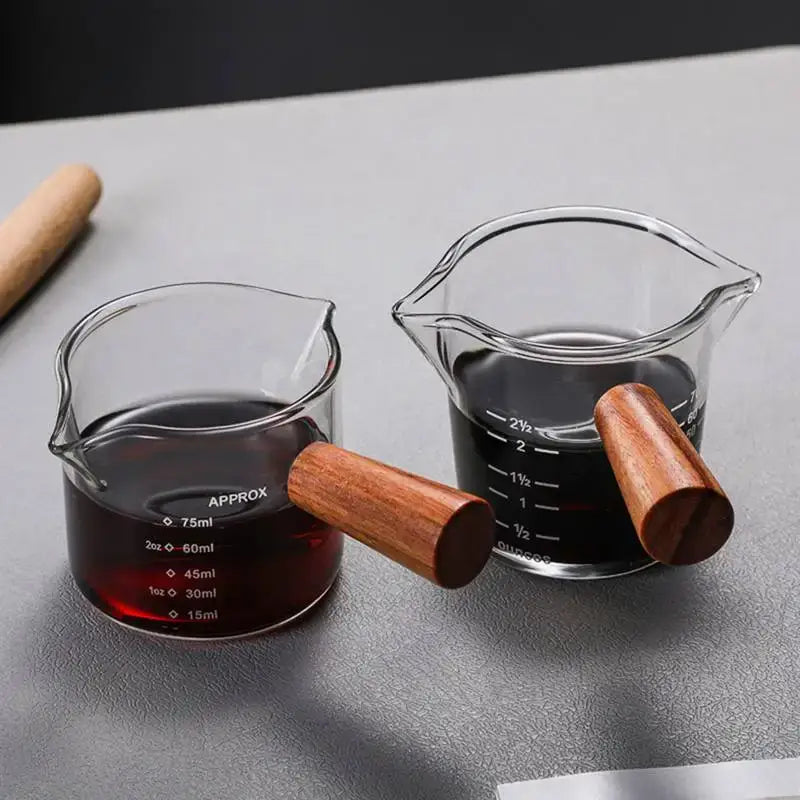 Heat resistant glass espresso milk jug with wood handle kitchen cup