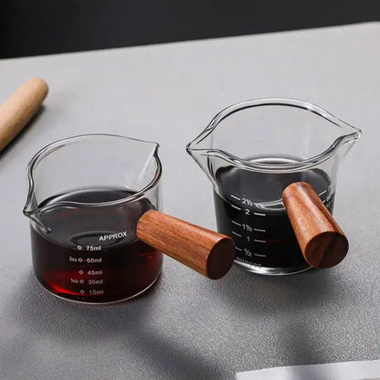 Heat resistant glass espresso milk jug with wood handle kitchen cup