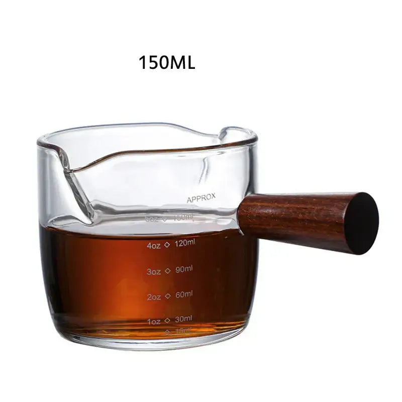 Heat resistant glass espresso milk jug with wood handle kitchen cup