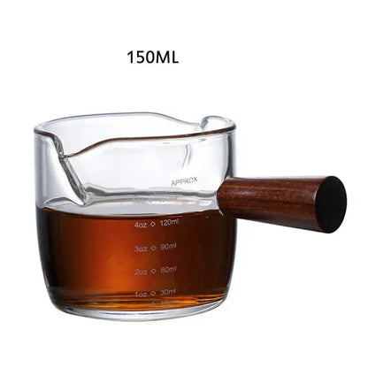 Heat resistant glass espresso milk jug with wood handle kitchen cup