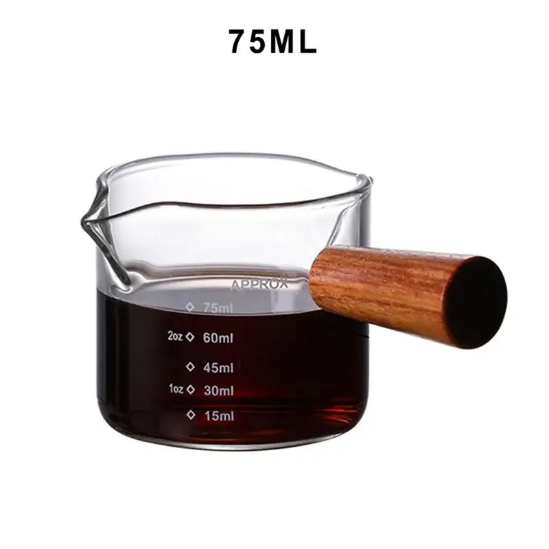 Heat resistant glass espresso milk jug with wood handle kitchen cup