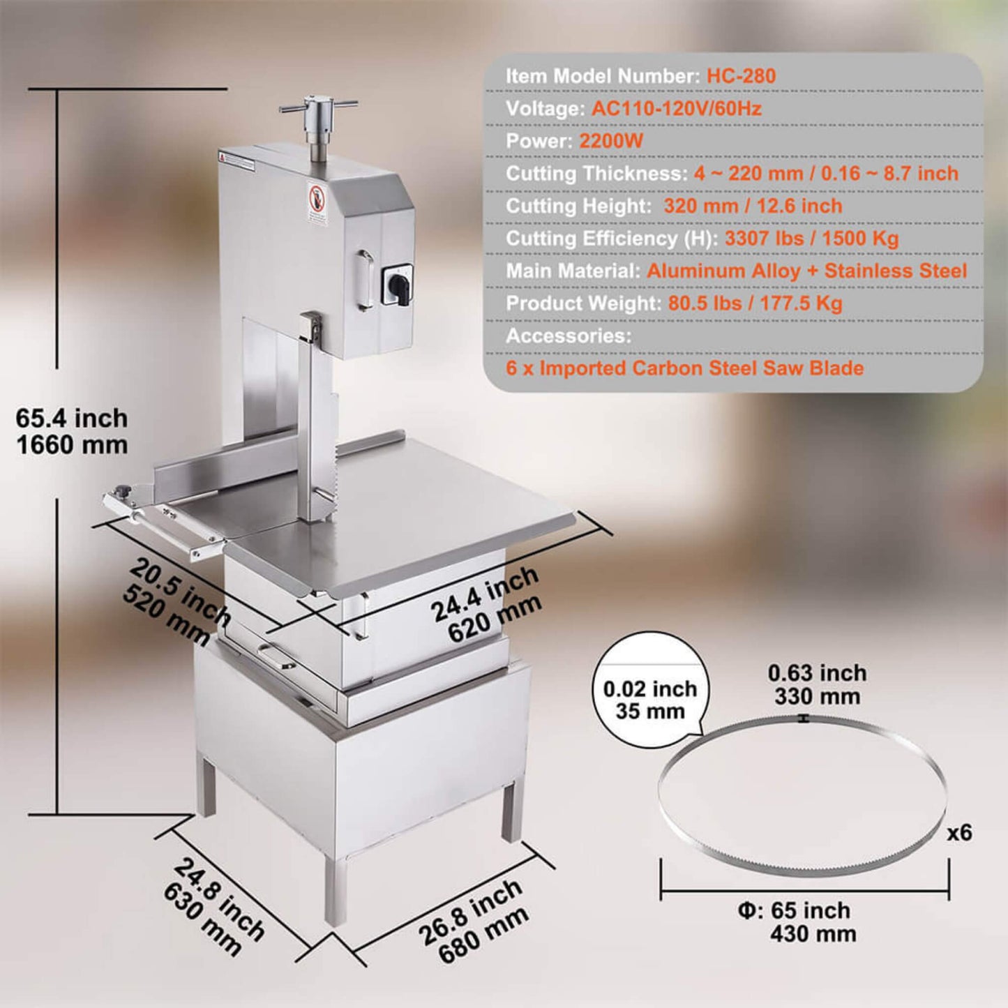 Heavy Duty Commercial Electric Meat Bone Saw Cutting Band Machine With 6 Saw Blades, 2200W (SAK91753)