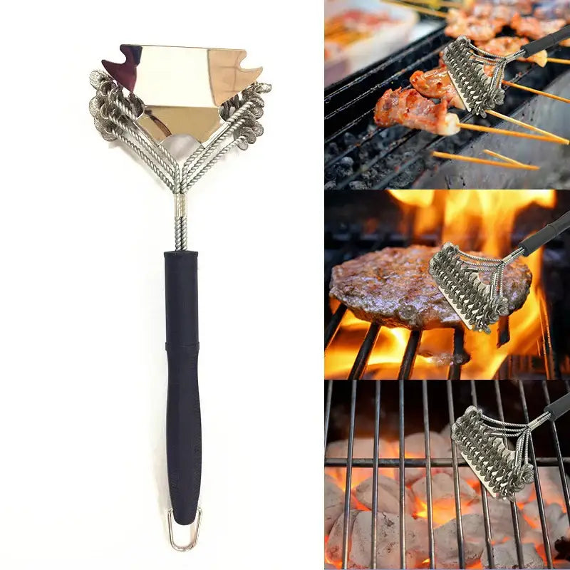 Heavy duty stainless steel bbq triple head brush kitchen scraper