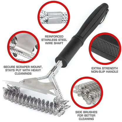 Heavy duty stainless steel bbq triple head brush kitchen scraper