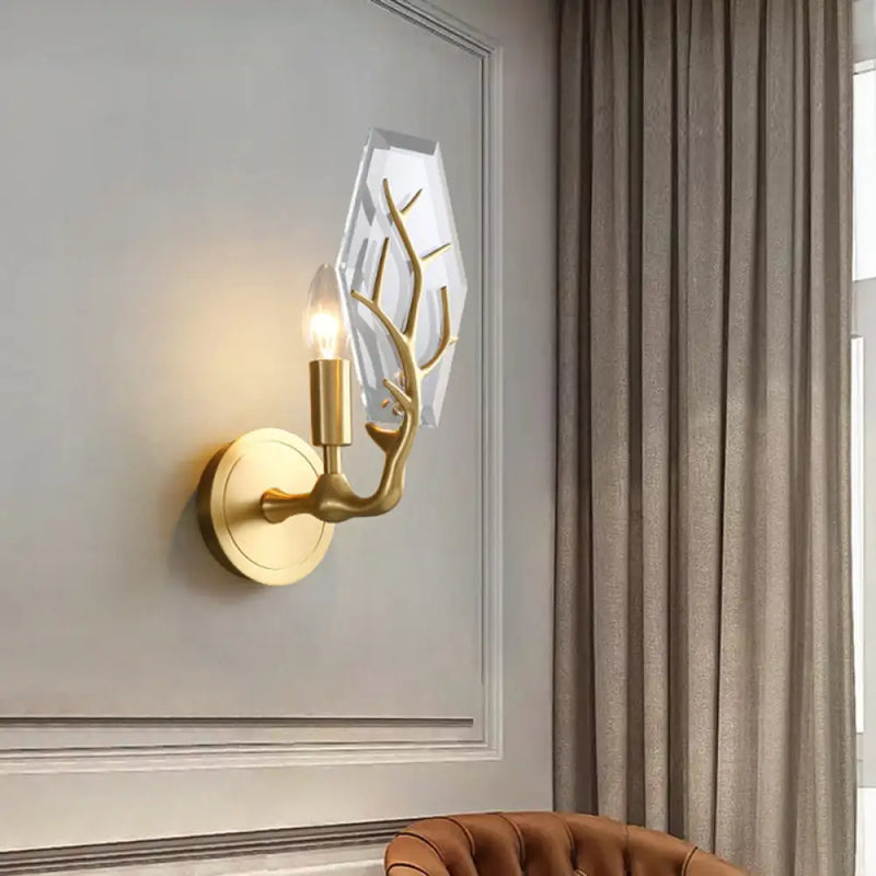 DecorBites™ Hexagonal Crystal Wall Lamp - Artistic Single Fixture in Brass for Living Room