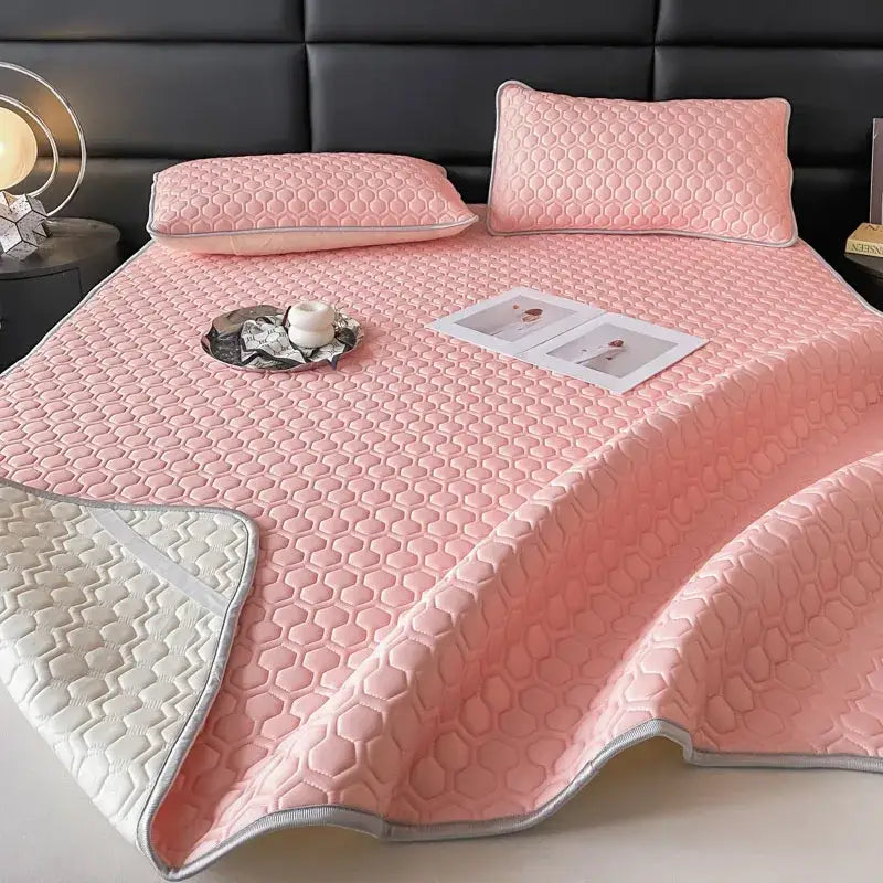Hexagonal quilted pink & gray cooling bed sheet set bedroom mat