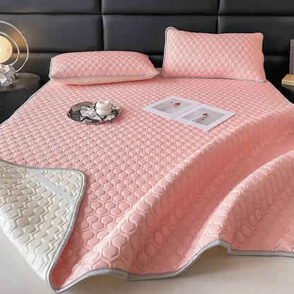 Hexagonal quilted pink & gray cooling bed sheet set bedroom mat