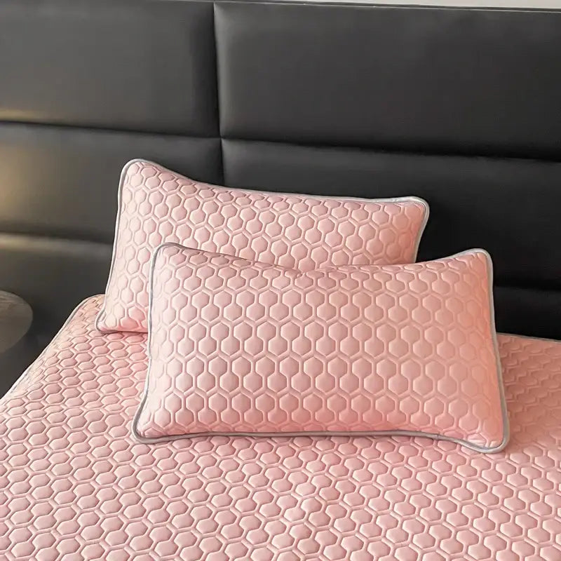 Hexagonal quilted pink & gray cooling bed sheet set bedroom mat